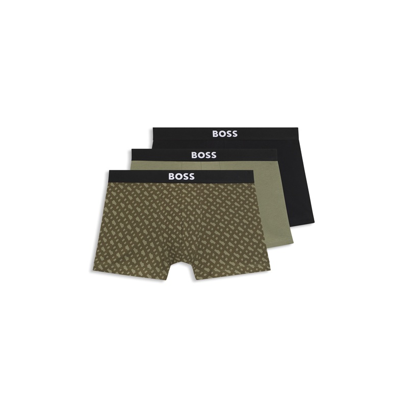 BOSS TRUNK BOSS ONE LOGO腰帶彈性棉質平口褲三入組-黑綠花|EVA SKY SHOP
